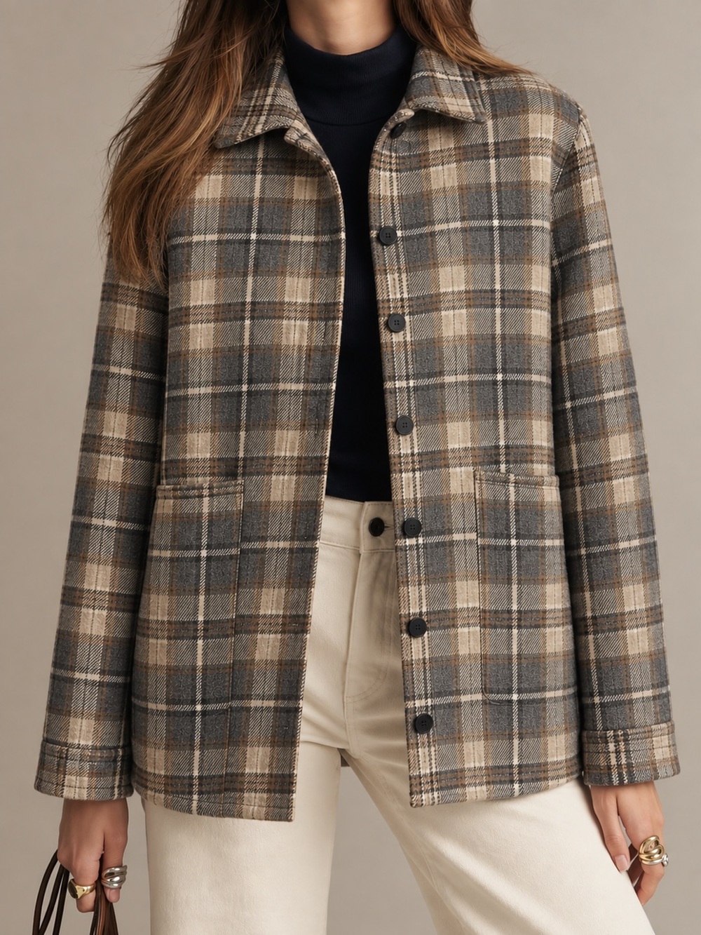 Sézane Plaid Wool Blend Button Will Shacket Jacket